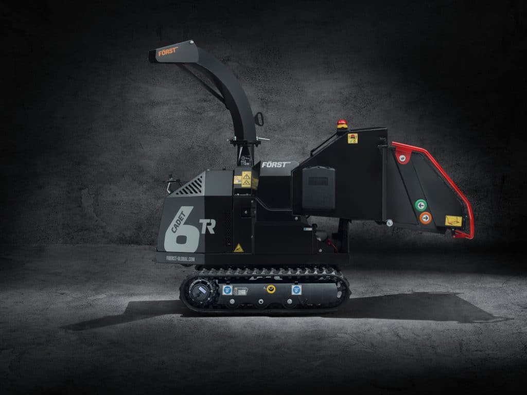 Forst Cadet 6TR tracked wood chipper rear left angle showing discharge chute