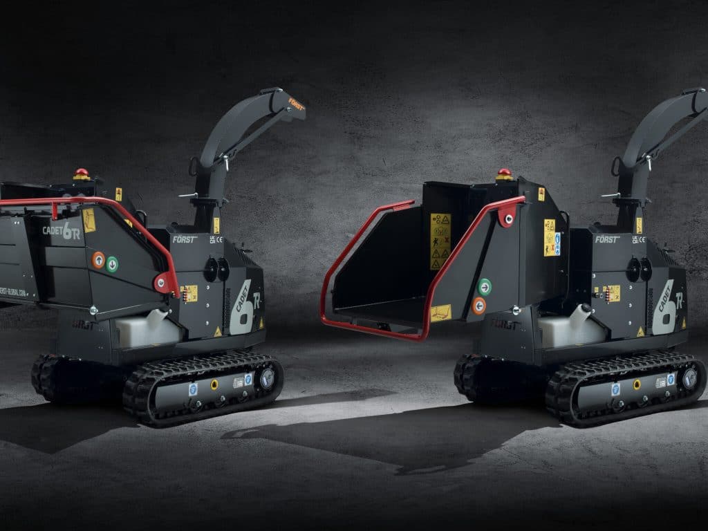 Two Forst Cadet 6TR tracked wood chippers shown from different angles