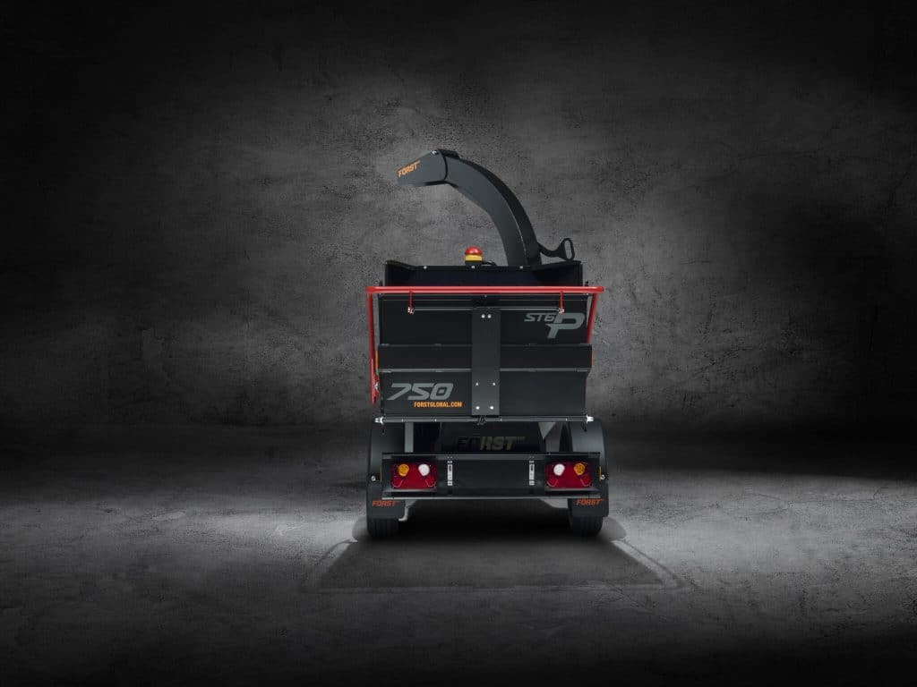 Forst ST6P 750 towable wood chipper rear view showing tow hitch and tail lights