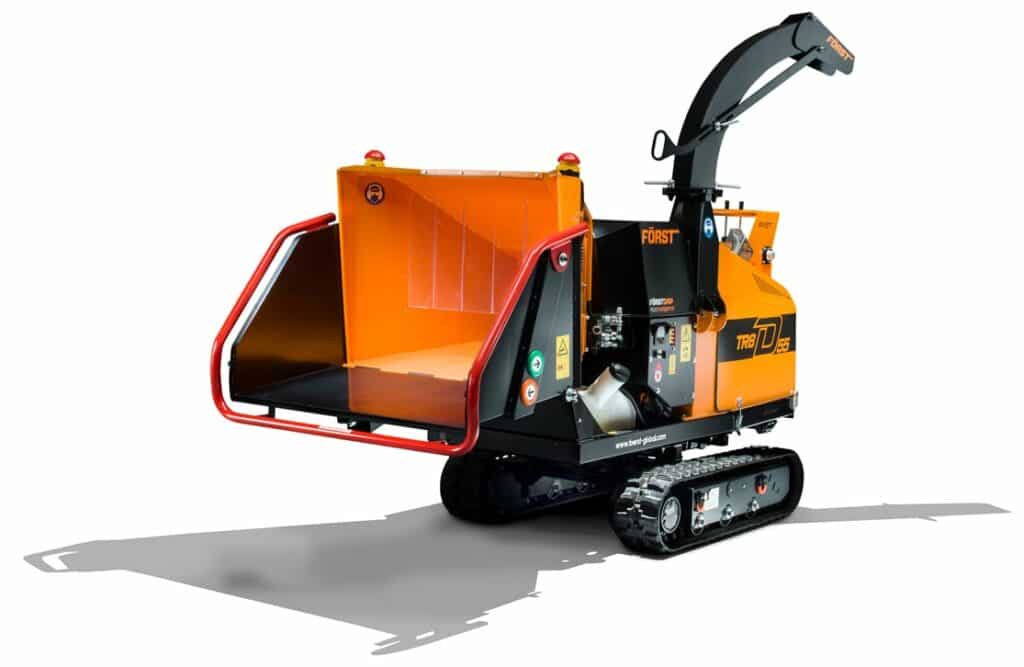 Forst TR8D 55 tracked wood chipper front three-quarter view with hopper open