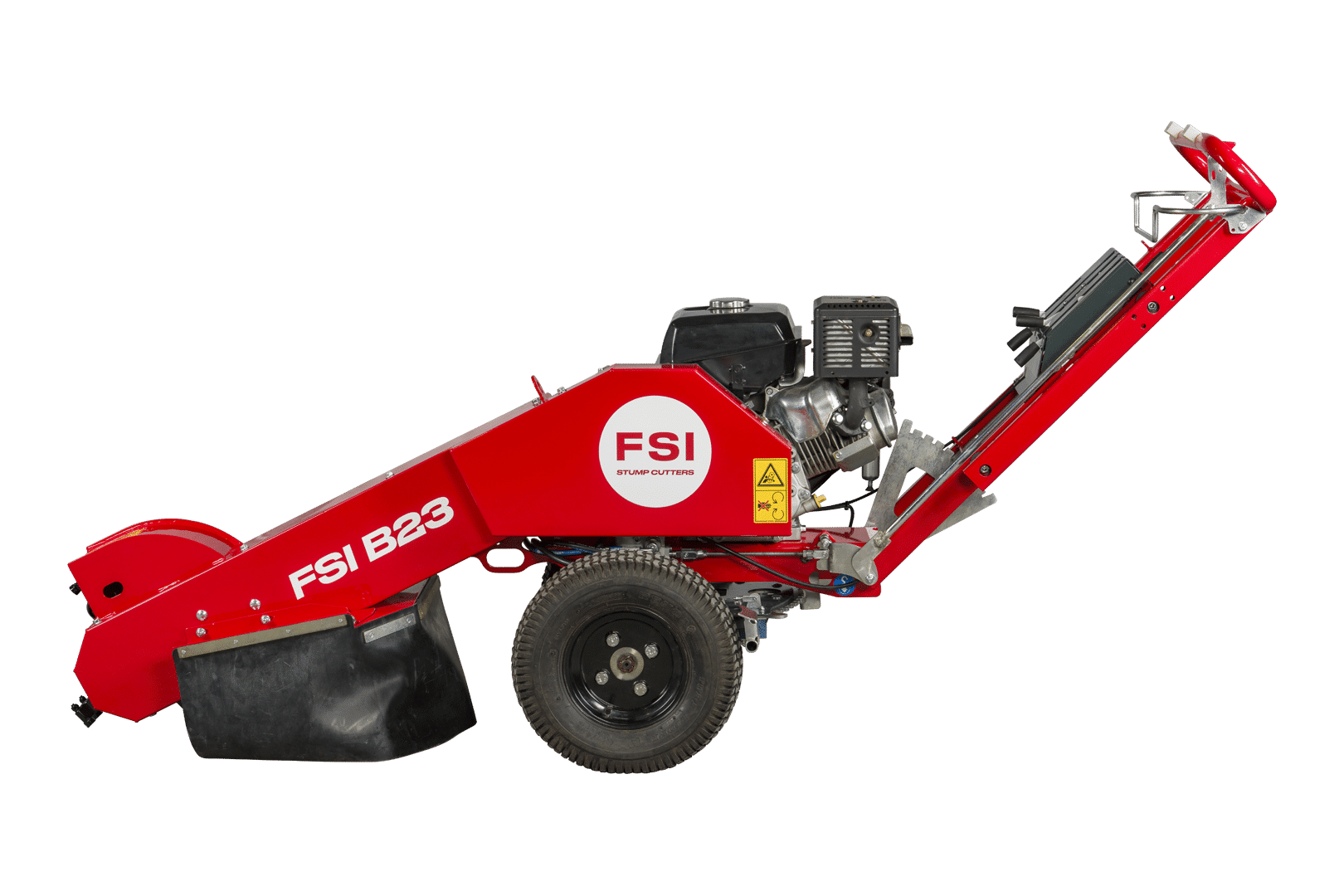 FSI B23 14hp pedestrian stump grinder side profile showing engine and cutting wheel