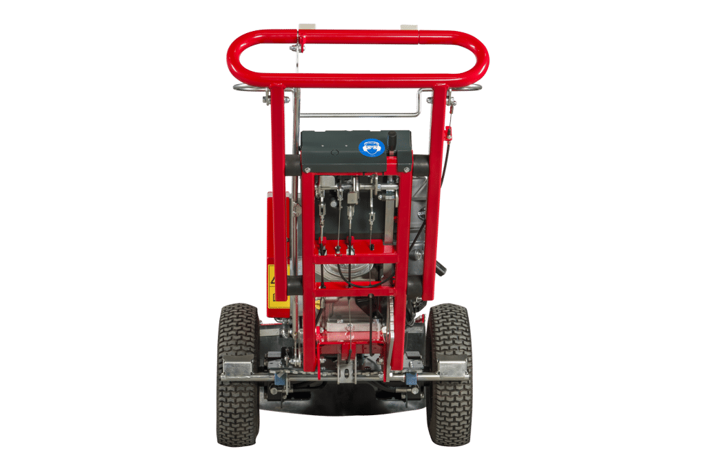 FSI B23 stump grinder rear operator view showing handle and wheel configuration