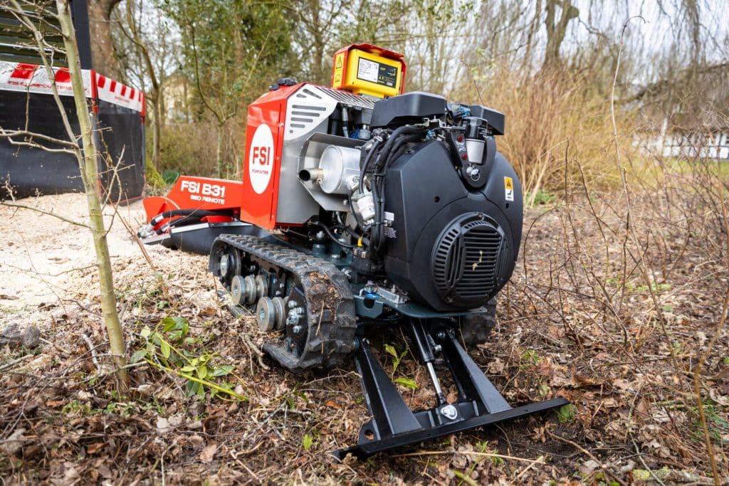 FSI B31-980 Remote stump grinder rear view on a woodland site