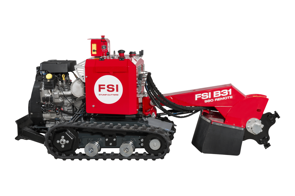 FSI B31-980 Remote stump grinder front view showing cutting arm and tracks