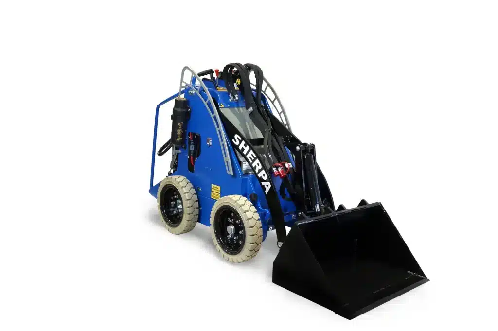 Sherpa 100 2Speed battery-powered mini loader with non-marking tyres, left side view