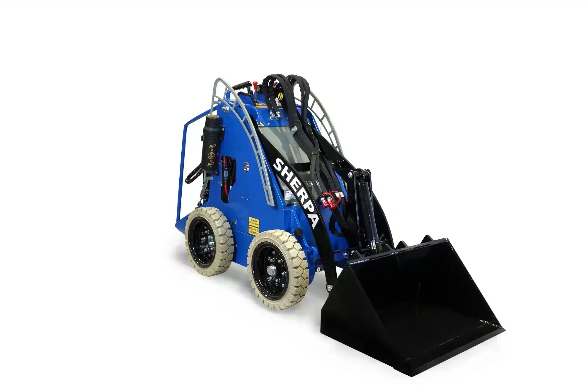 Sherpa 100 2Speed battery-powered mini loader with non-marking tyres, left side view