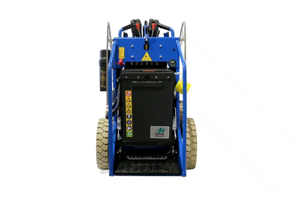 Sherpa 100 2Speed battery-powered mini loader rear view showing non-marking tyres